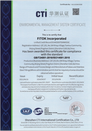 FITOK Incorporated ISO 14001 Certificate